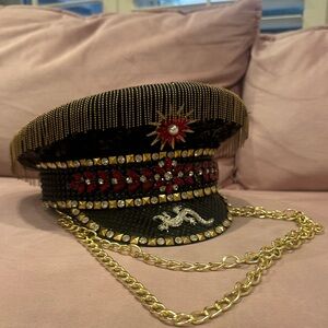 Embellished Black and Gold Cap with Chain